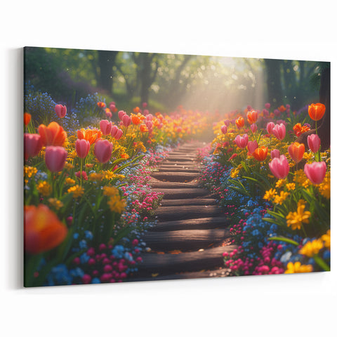 Dreamy Garden Path Wall Art - Vibrant Floral Landscape Canvas Print