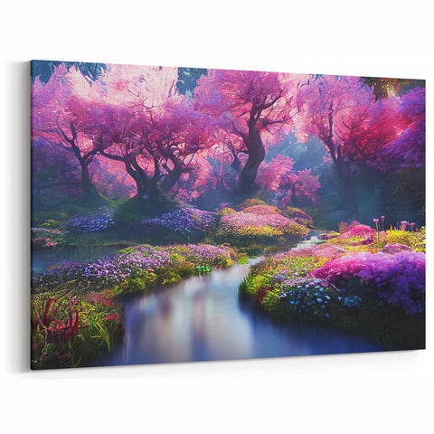 Mystical Pink Forest Wall Art - Enchanting Floral Landscape Print