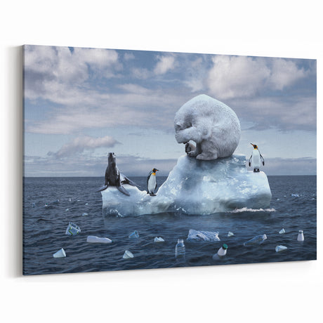 Thought-Provoking Glacier Art - Polar Bear and Penguins Environmental Canvas