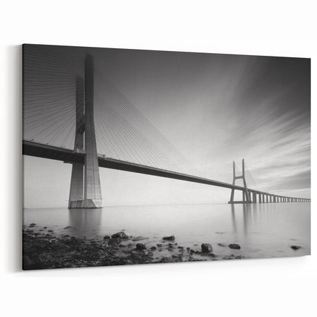 Modern Monochrome Bridge Art - Black and White Landscape Canvas Print