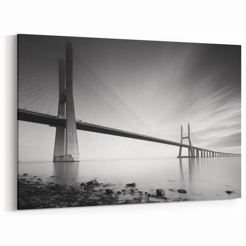 Modern Monochrome Bridge Art - Black and White Landscape Canvas Print