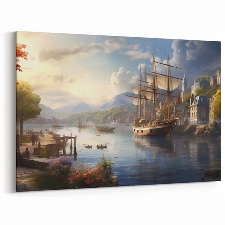 Vintage Charm Harbor Wall Art - Serene Coastal Scene with Sailing Ships