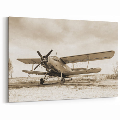 Vintage Aircraft Art: Sepia-Toned Biplane Canvas Print for Aviation Decor