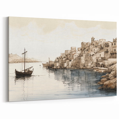Vintage Coastal Sketch Wall Art - Charming Harbor Village Illustration