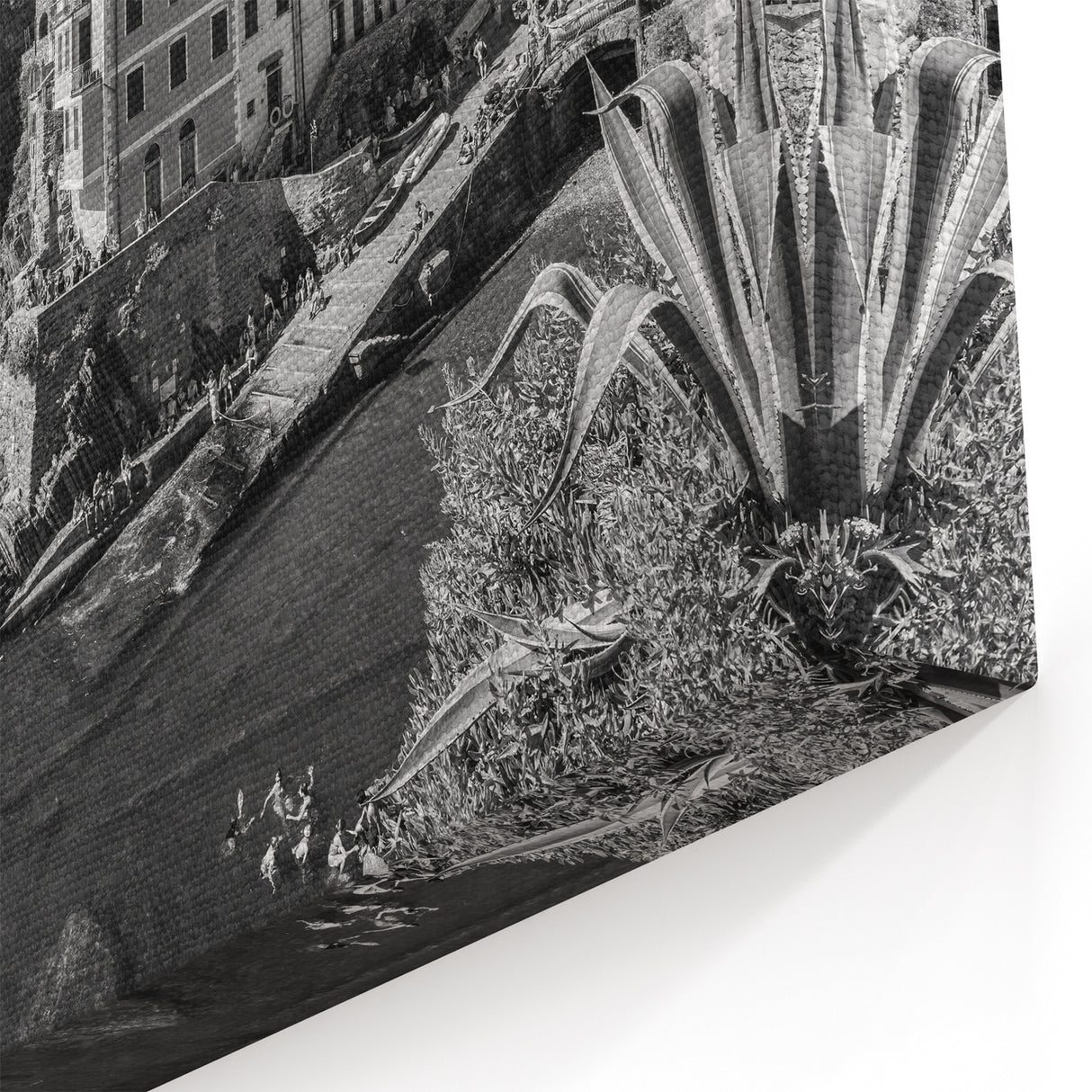 Monochrome Coastal Village Wall Art - Dramatic Cliffside Harbor Scene