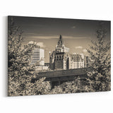 Urban Castle Wall Art - Historic Castle in Modern Cityscape Monochrome