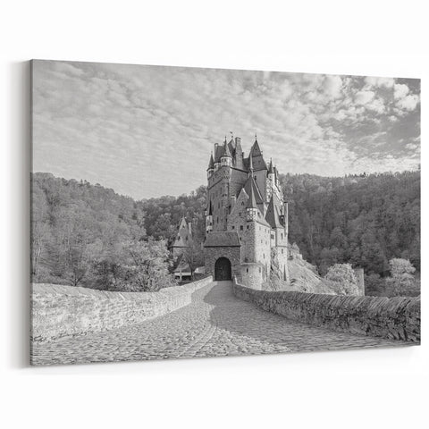 Black and White Castle Wall Art - Medieval Fortress in Scenic Forest
