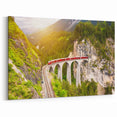 Mountain Bridge Railway Art - Vibrant Red Train in Scenic Landscape