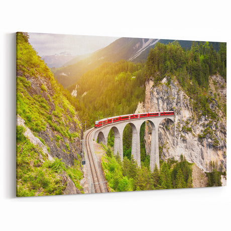 Mountain Bridge Railway Art - Vibrant Red Train in Scenic Landscape