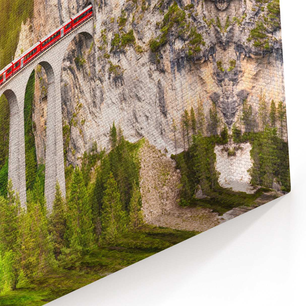 Mountain Bridge Railway Art - Vibrant Red Train in Scenic Landscape