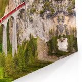 Mountain Bridge Railway Art - Vibrant Red Train in Scenic Landscape