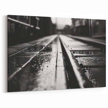 Moody Railway Wall Art - Black and White Wet Tracks Photography Print