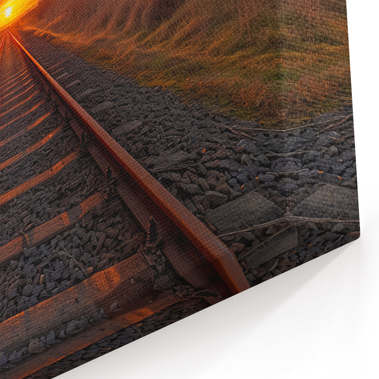Fiery Sunset Railway Art - Vibrant Train Tracks in Bold Evening Light