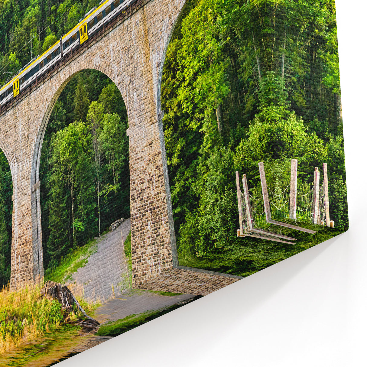 Mountain Bridge Railway Art - Scenic Train Journey in Lush Greenery
