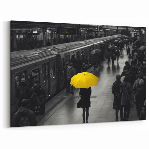 Railway Platform Wall Art - Yellow Umbrella Scenic Train Photography Print