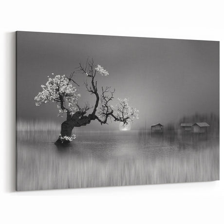Ethereal Black and White Lake Art - Serene Tree and Water Photography