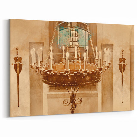 Medieval Chandelier and Swords Wall Art - Vintage Canvas Print Decor