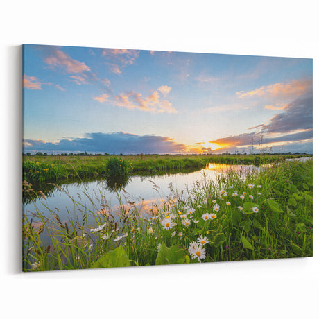 Peaceful Lakeside Sunset Art - Scenic Wildflower Meadow Photography