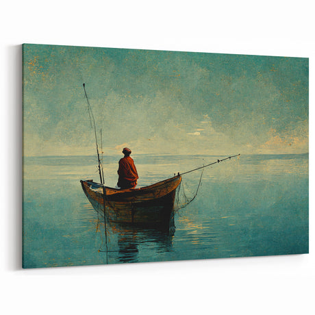 Tranquil Fisherman at Dawn - Serene Lake and Boat Art Print