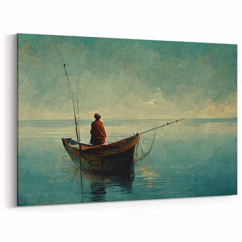 Tranquil Fisherman at Dawn - Serene Lake and Boat Art Print