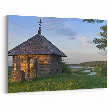 Serene Chapel by the River Wall Art - Rustic Landscape Canvas Print