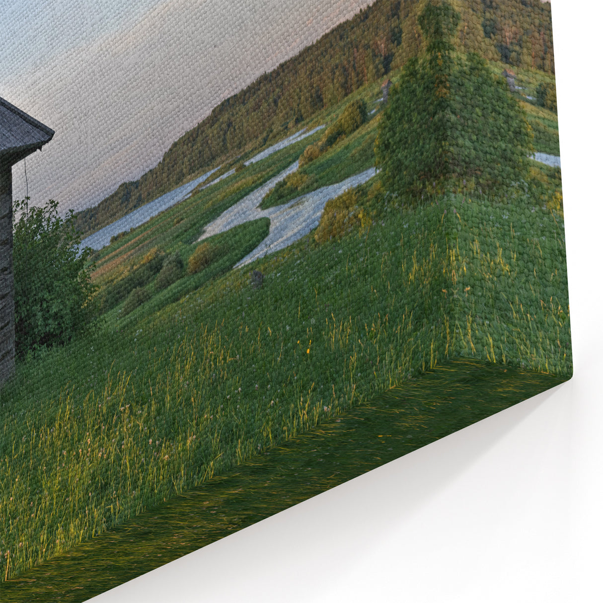 Serene Chapel by the River Wall Art - Rustic Landscape Canvas Print