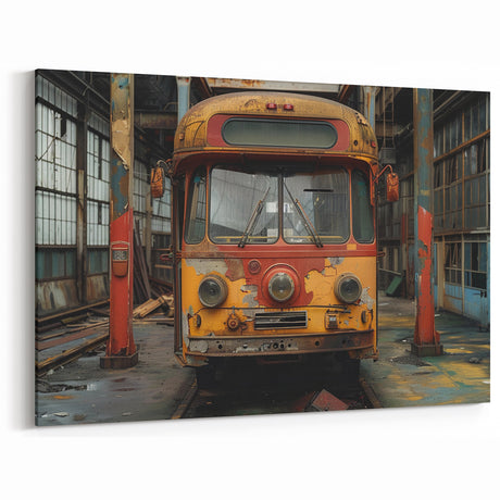 Vintage Urban Decay Canvas - Abandoned Bus in Forgotten Warehouse Art