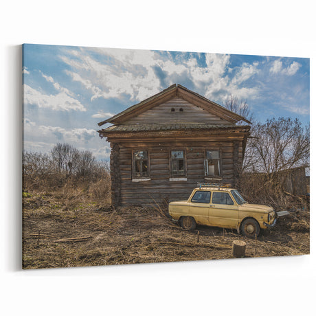 Abandoned Rustic House Art - Vintage Car in Overgrown Countryside Decor