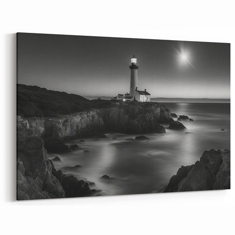 Moonlit Lighthouse on Rocks - Dramatic Coastal Wall Art Night Decor