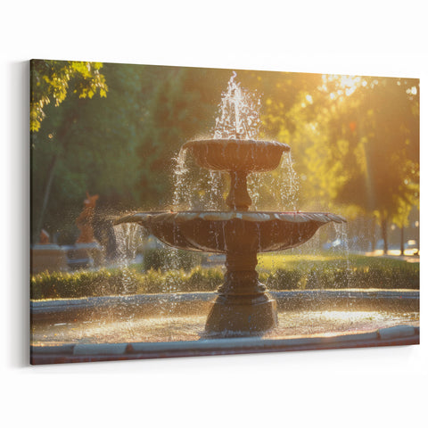 Serene Park Fountain Wall Art - Golden Morning Glow Canvas Print