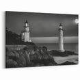 Twin Lighthouses Under Moonlight - Dramatic Coastal Wall Art Decor