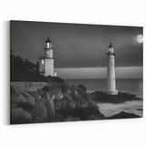 Twin Lighthouses Under Moonlight - Dramatic Coastal Wall Art Decor