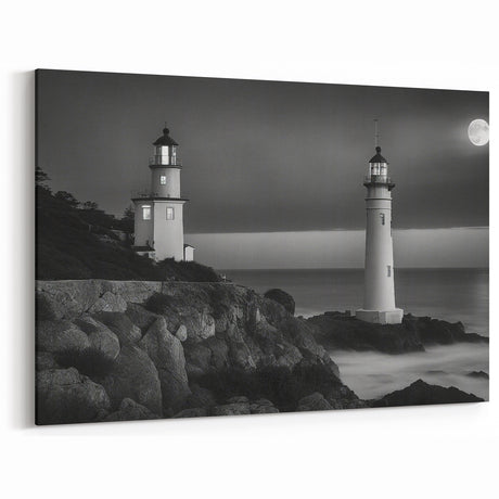 Twin Lighthouses Under Moonlight - Dramatic Coastal Wall Art Decor