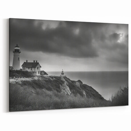Moody Coastal Lighthouse - Dramatic Black and White Wall Art Decor