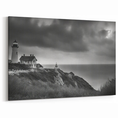 Moody Coastal Lighthouse - Dramatic Black and White Wall Art Decor