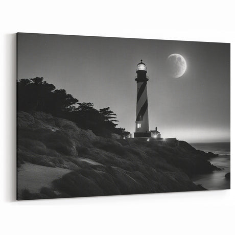 Moonlit Lighthouse with Stripes - Dramatic Coastal Wall Art Decor