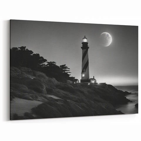 Moonlit Lighthouse with Stripes - Dramatic Coastal Wall Art Decor