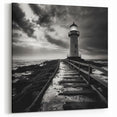 Stormy Lighthouse Walkway - Dramatic Coastal Wall Art Black and White