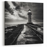 Stormy Lighthouse Walkway - Dramatic Coastal Wall Art Black and White