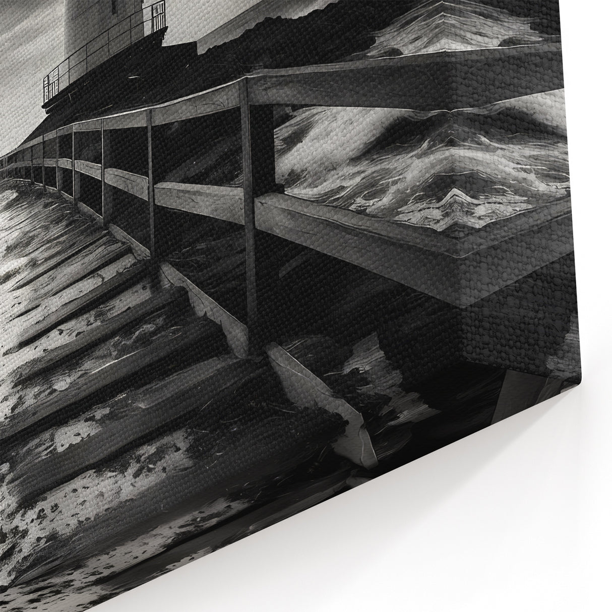 Stormy Lighthouse Walkway - Dramatic Coastal Wall Art Black and White