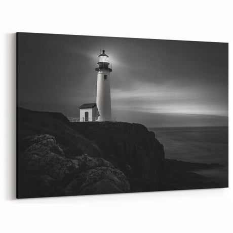 Solitary Lighthouse at Night - Coastal Black and White Canvas Art