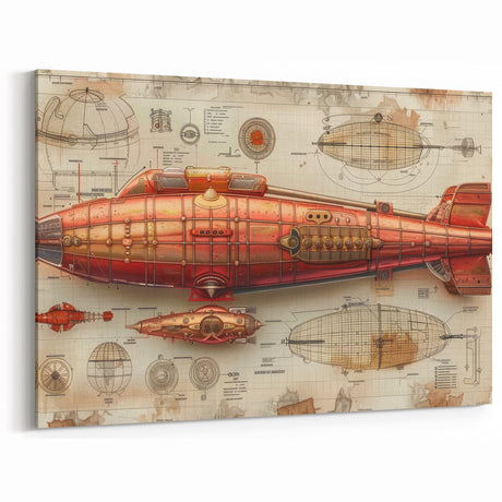 Steampunk Airship Blueprint Art | Vintage Dirigible Wall Decor
