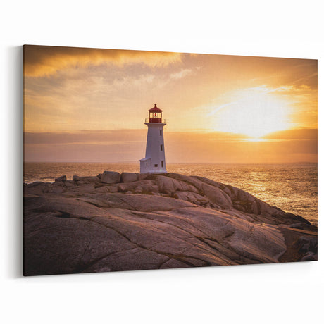 Golden Hour Lighthouse Art - Serene Sunset Coastal Canvas Print Decor