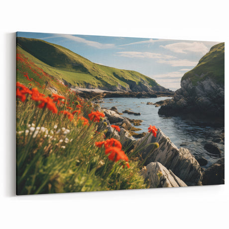 Coastal Countryside Art - Vibrant Wildflowers and Rocky Shoreline Decor