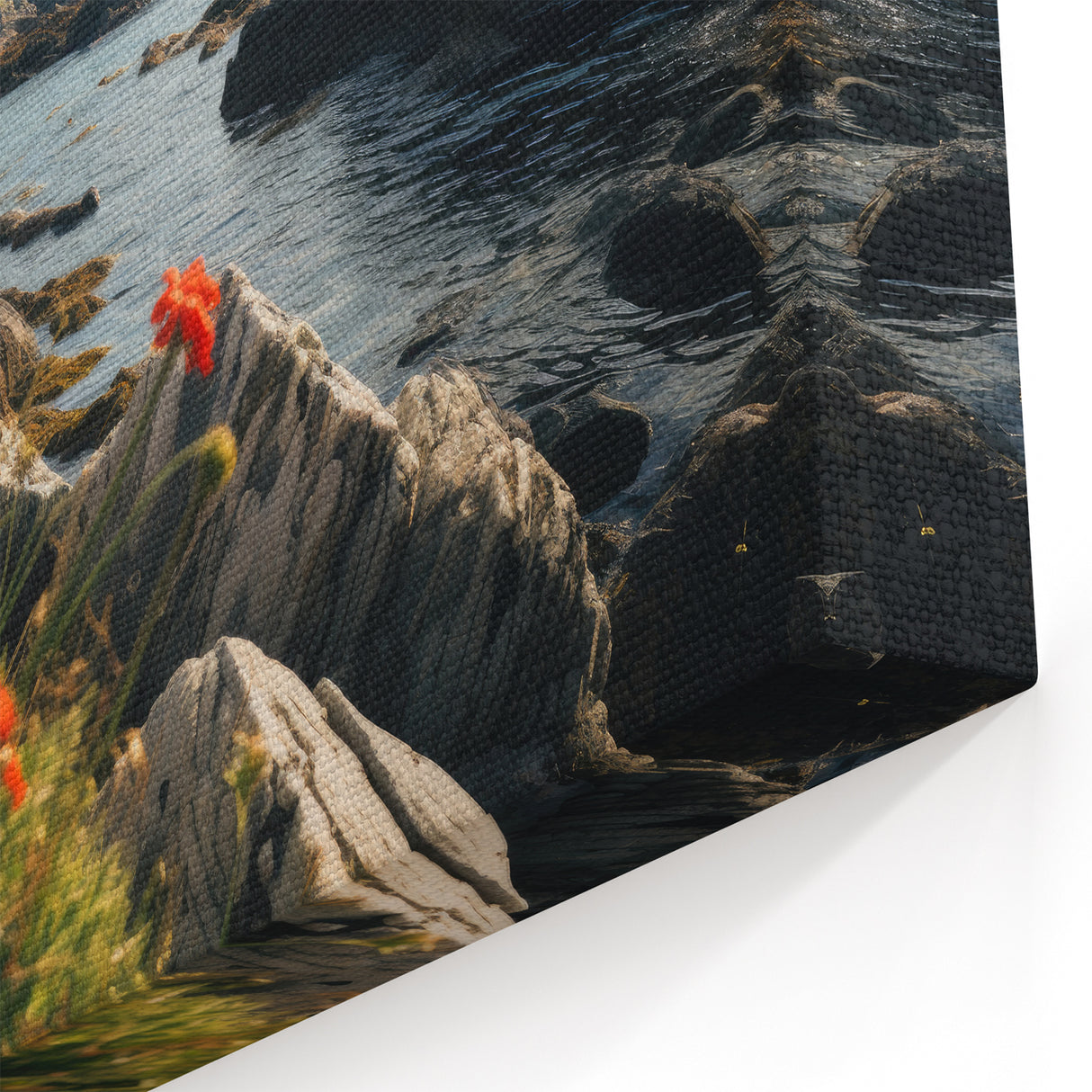 Coastal Countryside Art - Vibrant Wildflowers and Rocky Shoreline Decor