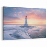 Icy Sunrise Lighthouse Art - Winter Coastal Canvas Print Decor