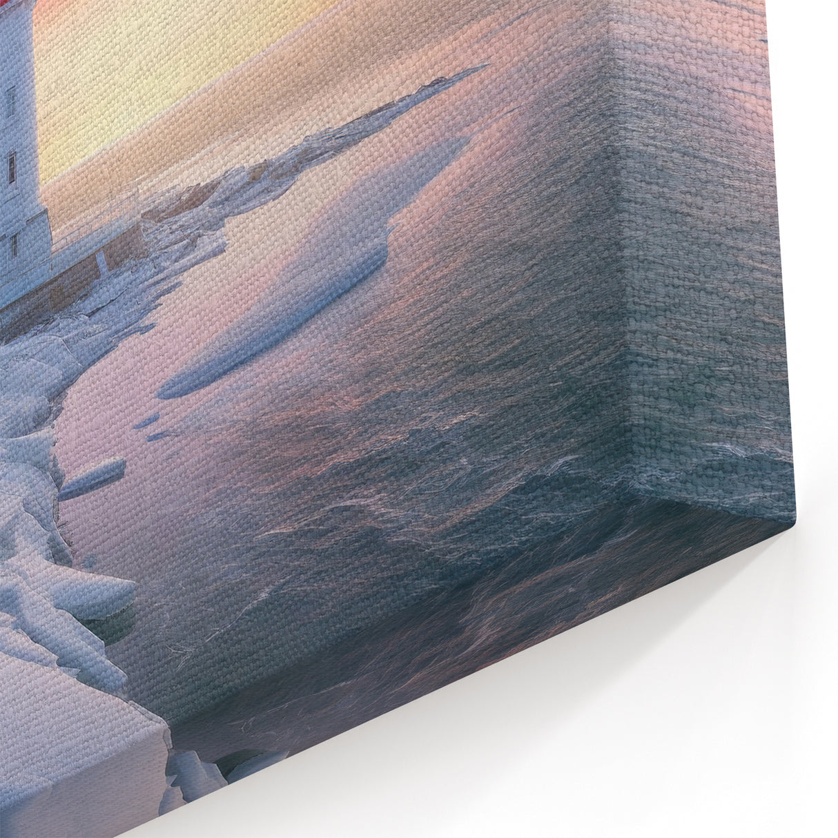 Icy Sunrise Lighthouse Art - Winter Coastal Canvas Print Decor