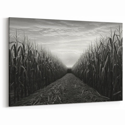 Rural Landscape Canvas - Moody Cornfield Scene in Black and White