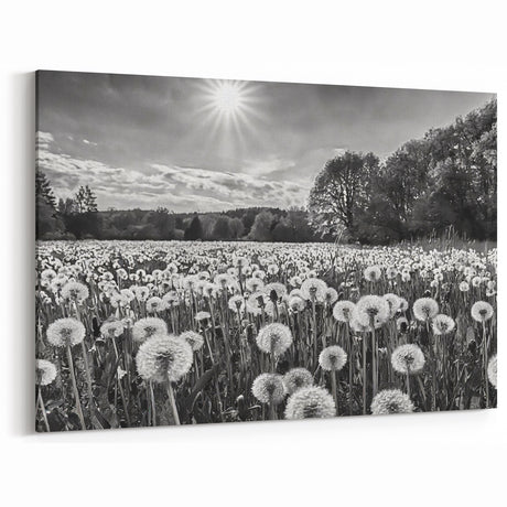 Black and White Countryside Art - Dandelion Field in Sunlight