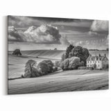 Black and White Countryside Art - Manor House in Rolling Fields Canvas